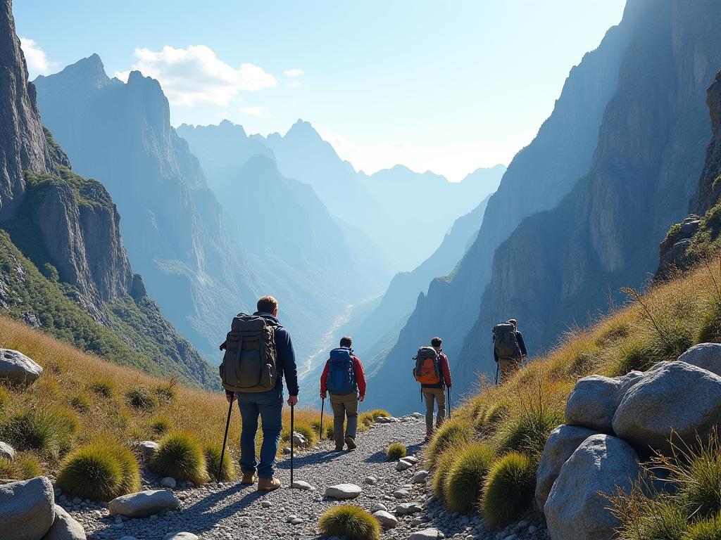 Adventurers hiking through dramatic mountain landscape
